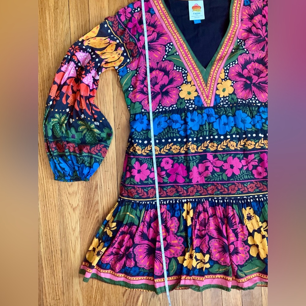 Stunning vibrant Anthropologie x Farm Rio Dress V-Neck Puff Sleeve - Picture 7 of 11